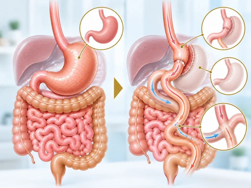 Bypass gástrico en Y de Roux: esquema del estómago y del recorrido intestinal después de la cirugía.