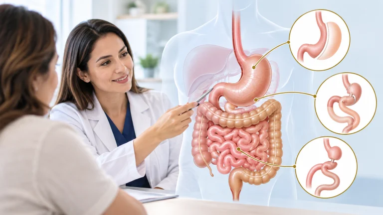Consulta de valoración para cirugía bariátrica con una ilustración del estómago y el intestino.