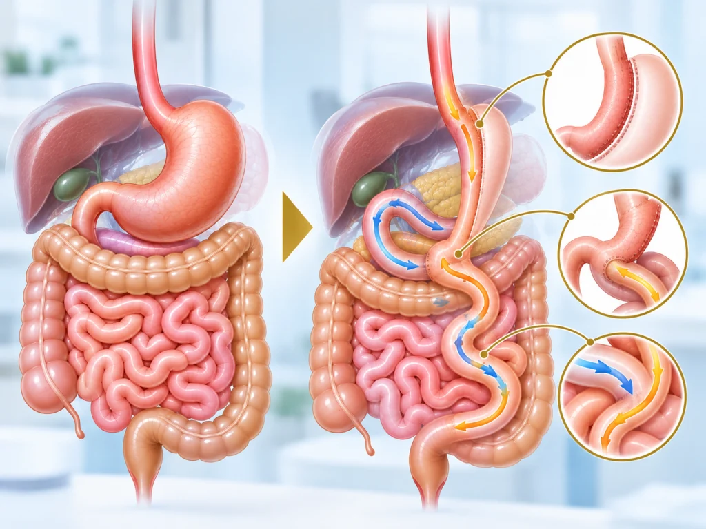 Bypass gástrico tipo SASI: esquema de la manga gástrica y la anastomosis entre el estómago y el íleon.